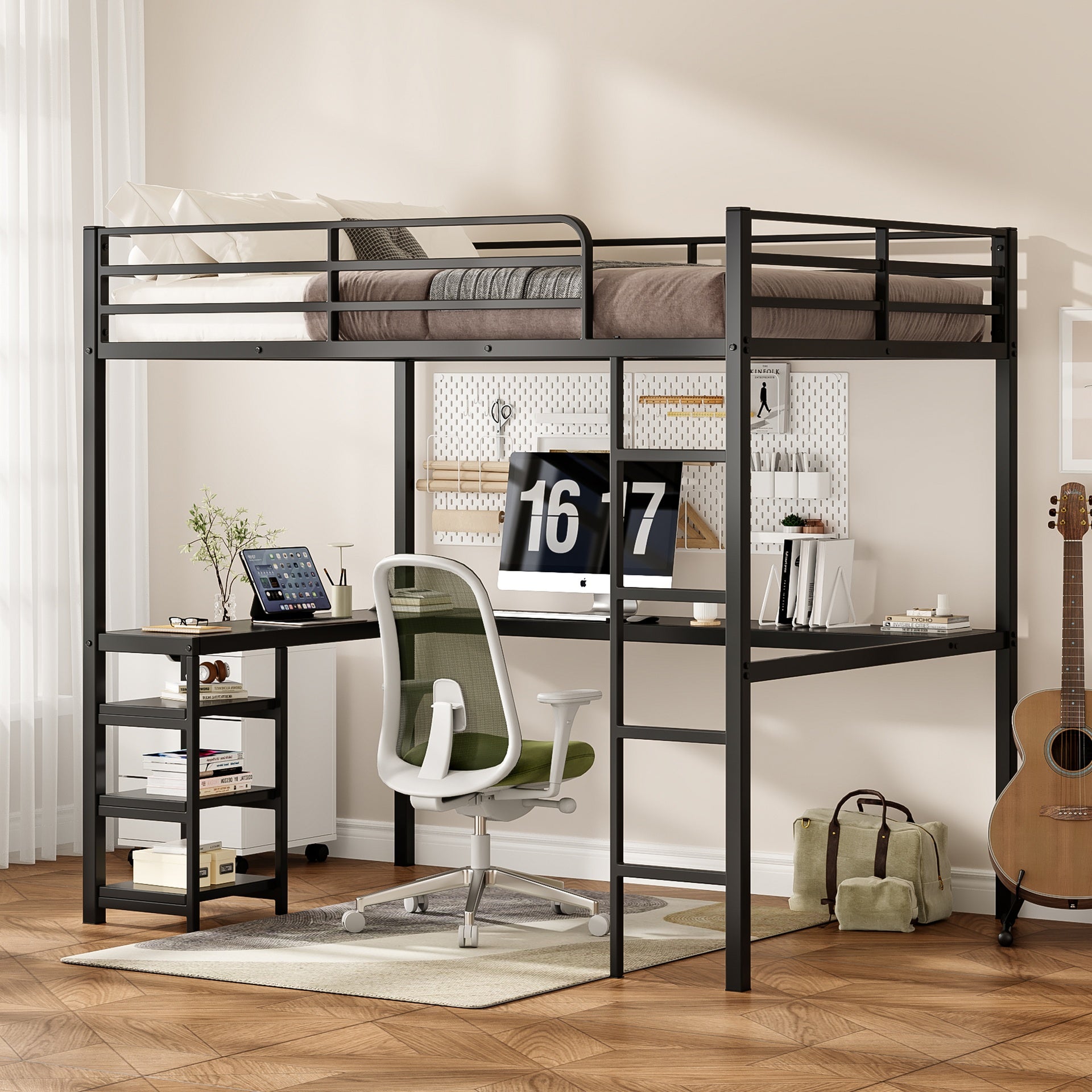Full Size Loft Bed with Desk & Open Shelves, Heavy Duty Metal Bed Frame with Safety Guardrails & Ladder, Loft Beds with Vintage Wood Finish L-Shaped Desk, Black