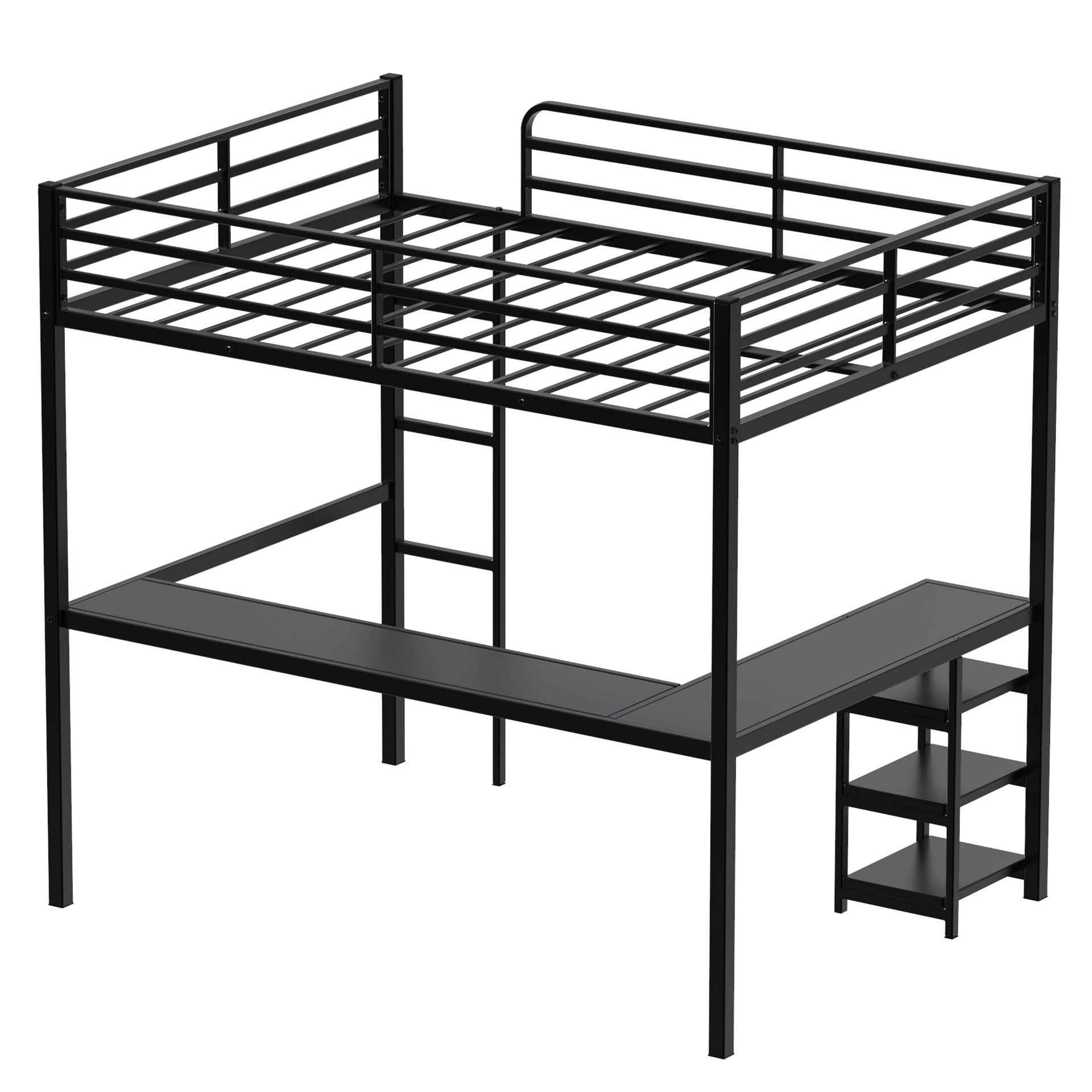 Full Size Loft Bed with Desk & Open Shelves, Heavy Duty Metal Bed Frame with Safety Guardrails & Ladder, Loft Beds with Vintage Wood Finish L-Shaped Desk, Black