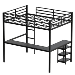 Full Size Loft Bed with Desk & Open Shelves, Heavy Duty Metal Bed Frame with Safety Guardrails & Ladder, Loft Beds with Vintage Wood Finish L-Shaped Desk, Black