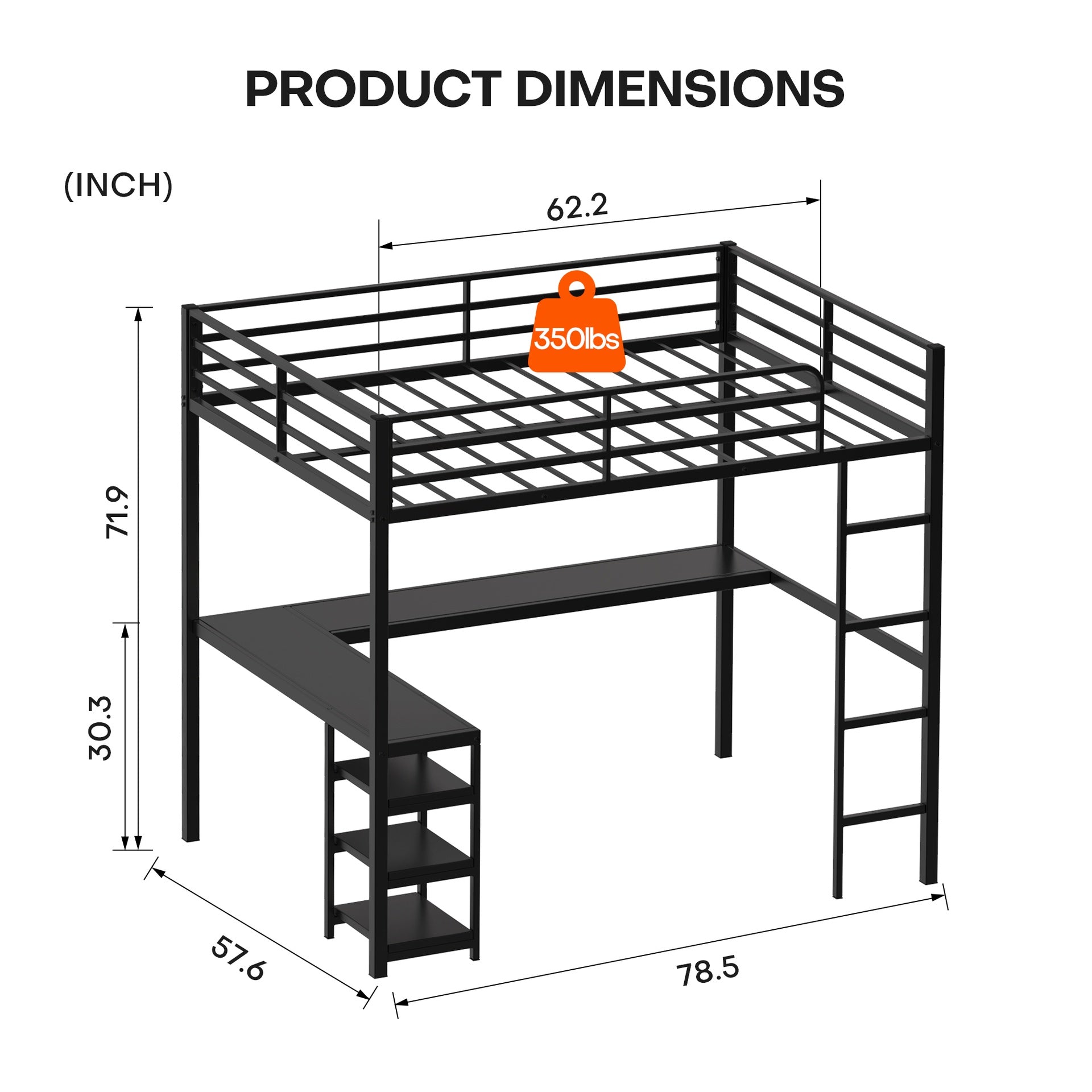 Full Size Loft Bed with Desk & Open Shelves, Heavy Duty Metal Bed Frame with Safety Guardrails & Ladder, Loft Beds with Vintage Wood Finish L-Shaped Desk, Black