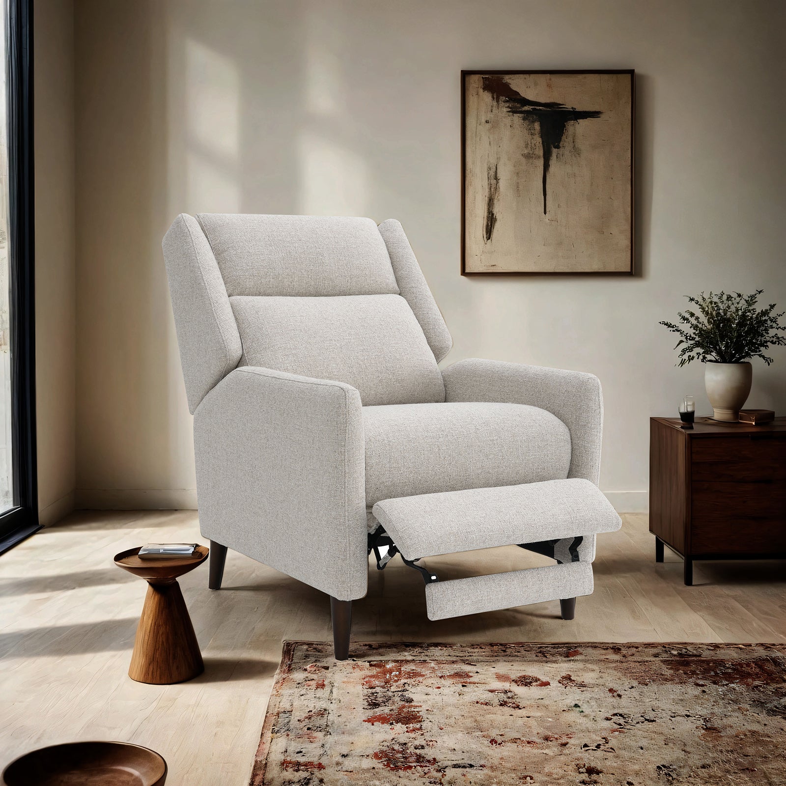 Mid-Century Modern Pushback Manual Recliner Tapered Legs Linen Textured Fabric High Back Subtle Channel Detail Beige Finish Primary Living Room