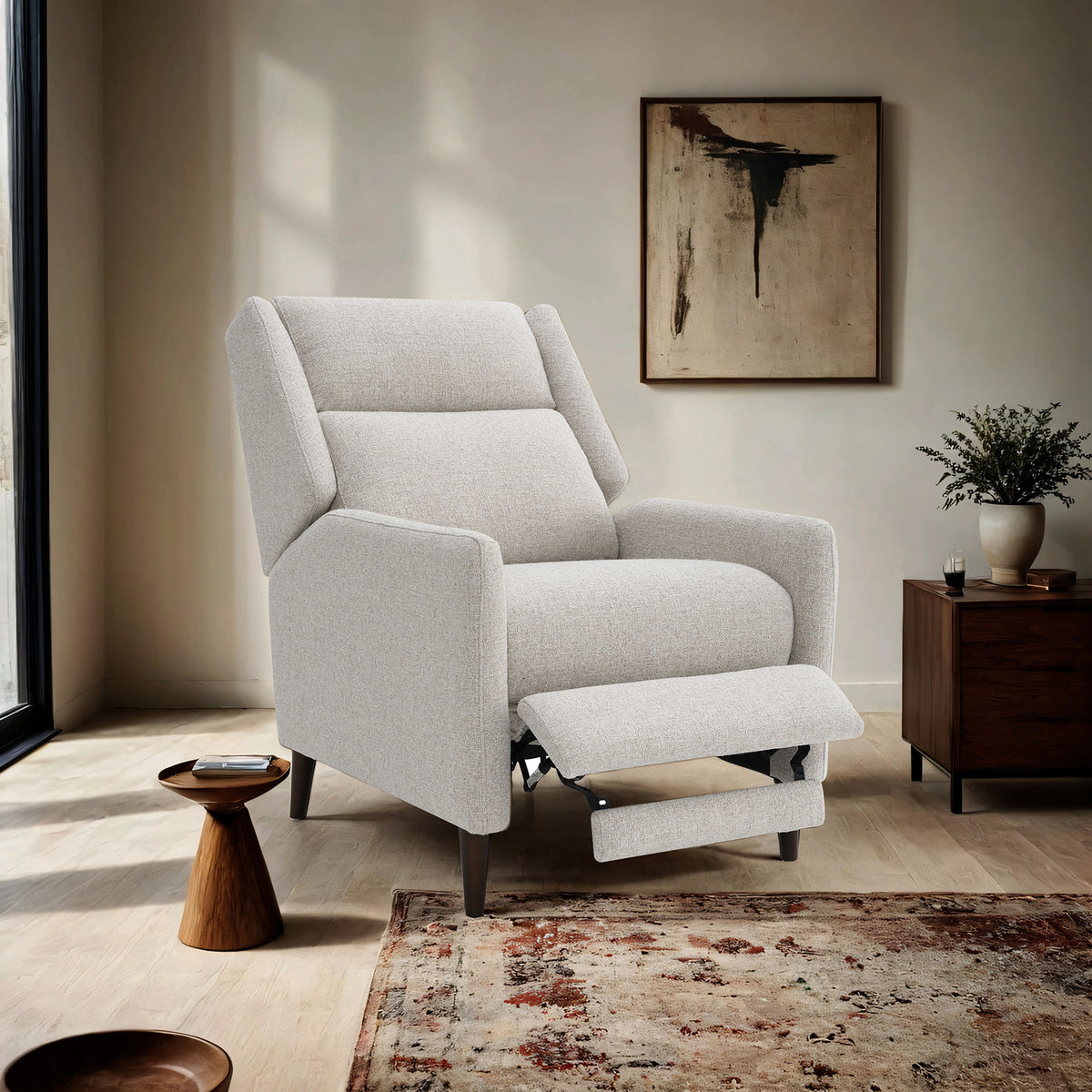 Mid-Century Modern Pushback Manual Recliner Tapered Legs Linen Textured Fabric High Back Subtle Channel Detail Beige Finish Primary Living Room