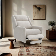 Mid-Century Modern Pushback Manual Recliner Tapered Legs Linen Textured Fabric High Back Subtle Channel Detail Beige Finish Primary Living Room
