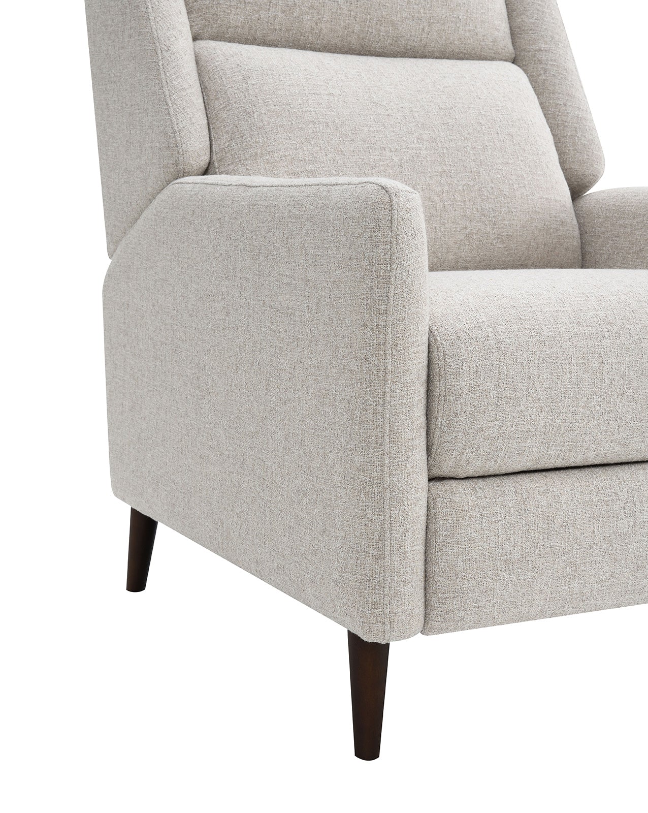 Mid-Century Modern Pushback Manual Recliner Tapered Legs Linen Textured Fabric High Back Subtle Channel Detail Beige Finish Primary Living Room