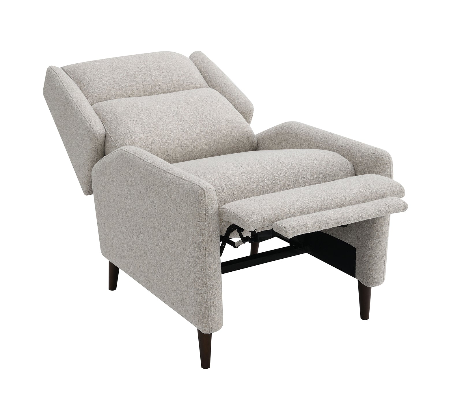 Mid-Century Modern Pushback Manual Recliner Tapered Legs Linen Textured Fabric High Back Subtle Channel Detail Beige Finish Primary Living Room