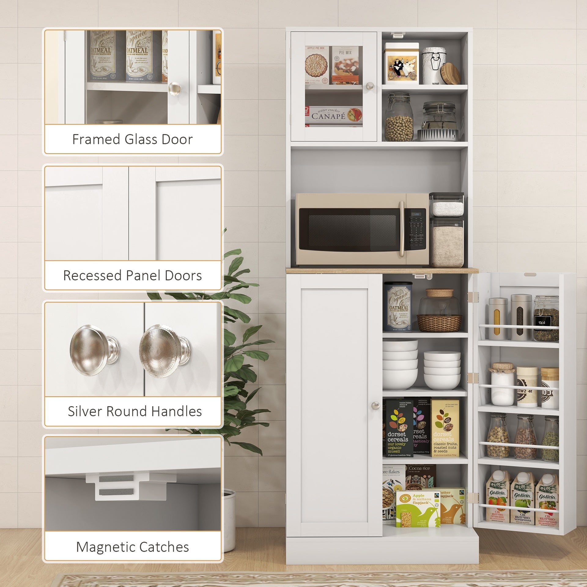 HOMCOM 66.5" Pantry Cabinet with Microwave Stand, Freestanding Kitchen Storage Cabinet with Hutch, 8 Door Shelves, Adjustable Shelves, Food Pantry Cabinet for Dining Room, White