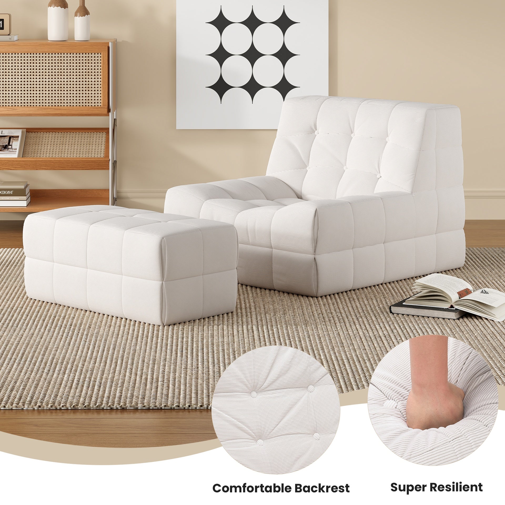 Bean Bag Chair for Adults with Ottoman, Oversized Beanbag Chairs with High-Density Memory Foam, Comfy Lazy Sofa with Head, Neck, Back, Lumbar, Hip Support for Living Room, Bedroom