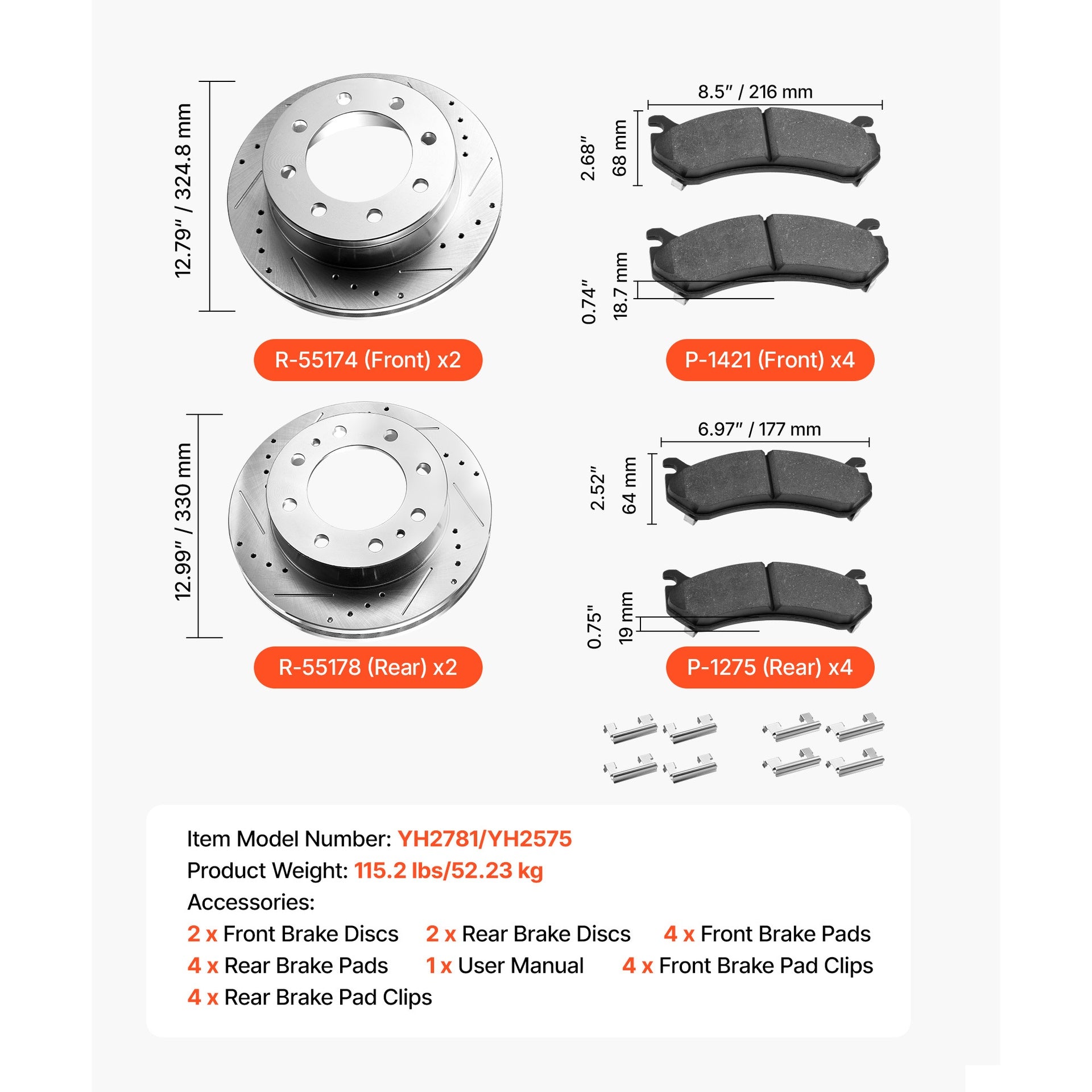 Front and Rear Brake Rotors Kit for 2002-2006 Chevrolet Avalanche 2500 (8 STUD)
