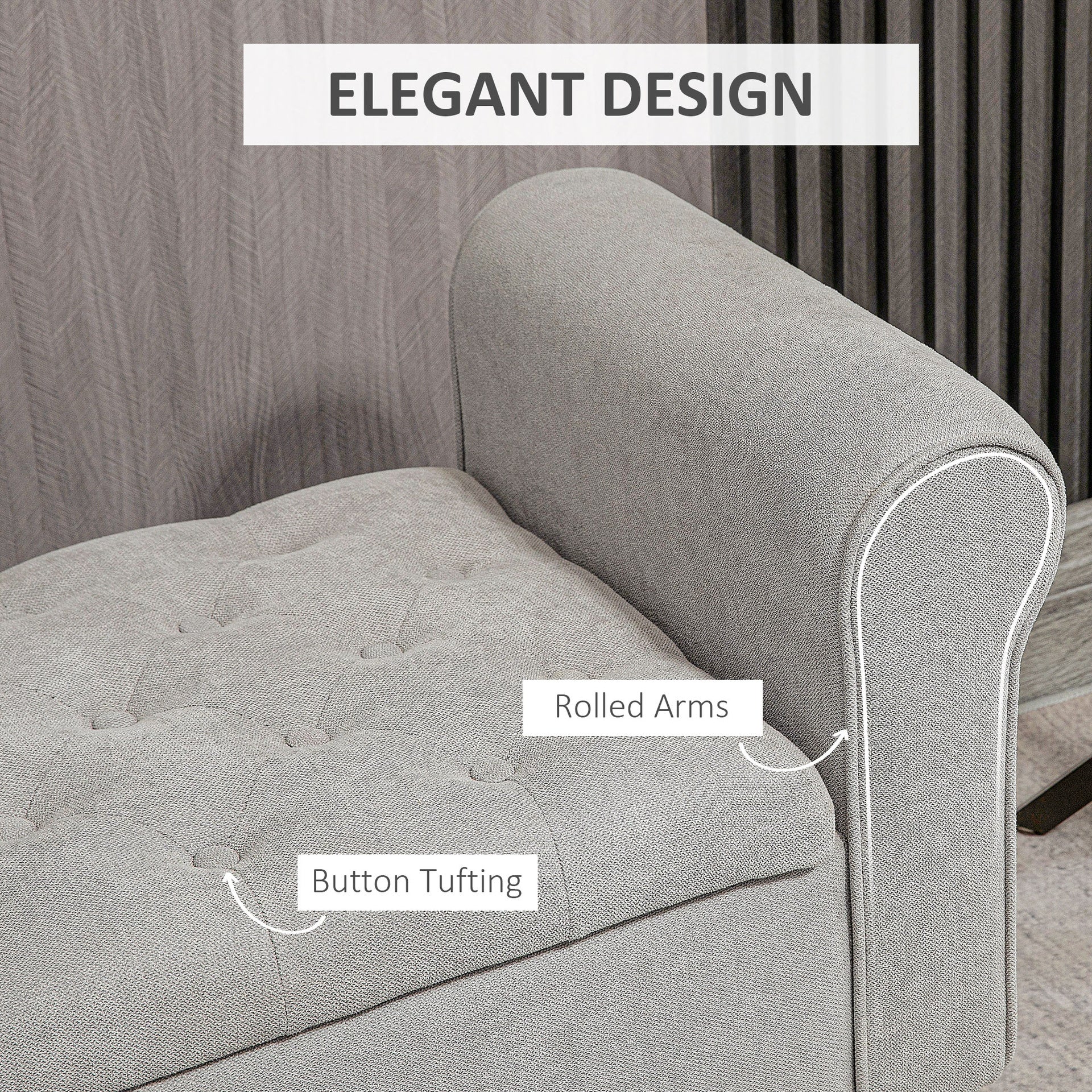 HOMCOM 50" Storage Ottoman Bench, Upholstered End of Bed Bench with Rolled Arms, Wood Legs, Button Tufted Storage Bench with Safety Hinges for Living Room, Entryway, Bedroom, Gray