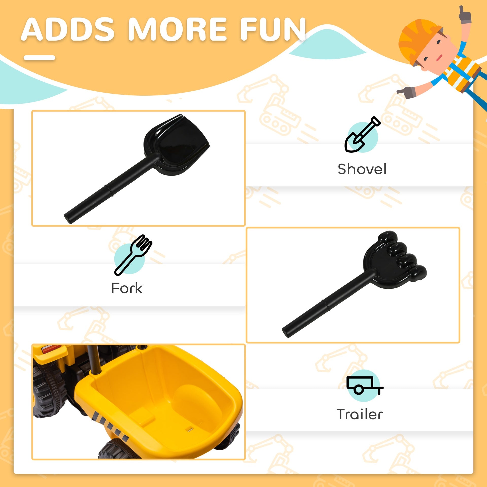 Qaba 2 in 1 Ride on Tractor for Kids, Caterpillar Licensed Ride on Excavator with Shovel & Detachable Trailer, No Power Ride on Push Car for 18-36 Months, Yellow