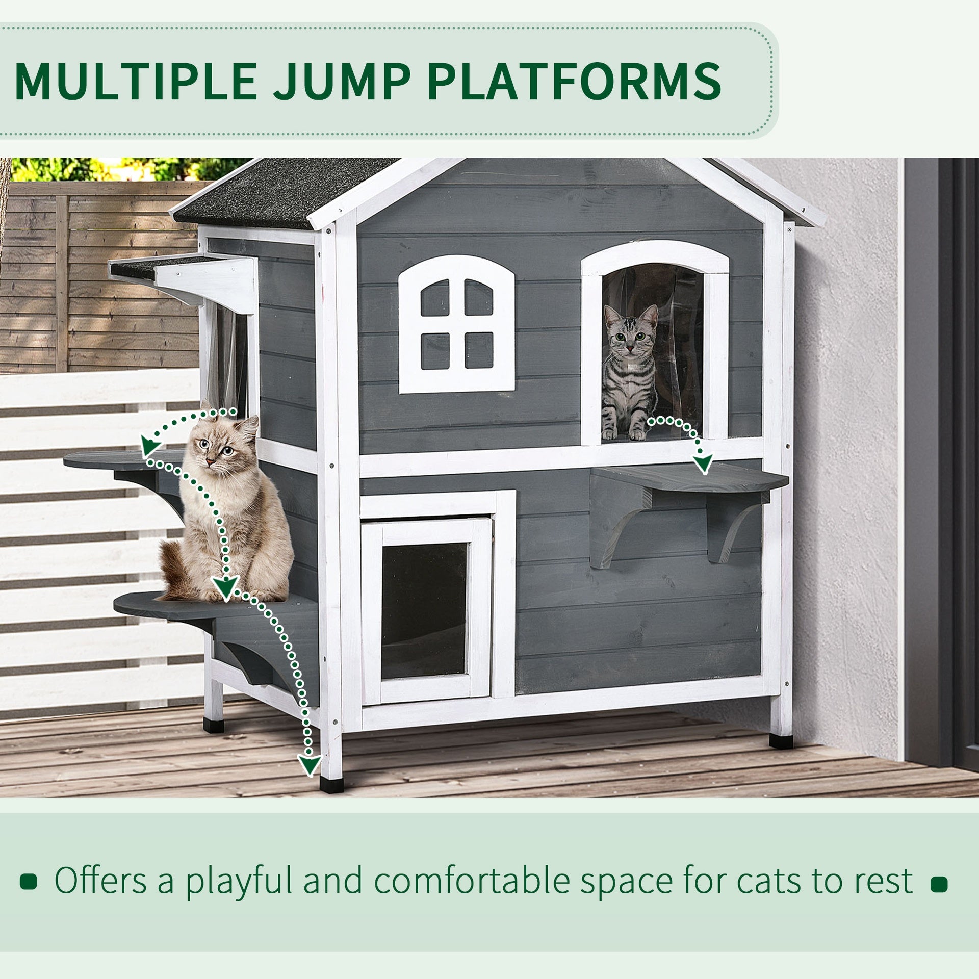 PawHut 2-story Cat House Outdoor, Weatherproof Wooden Cat Enclosure for Feral Cats with Escape Door, Openable Roof, Jumping Platforms, Gray