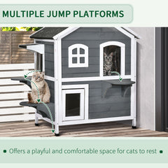 PawHut 2-story Cat House Outdoor, Weatherproof Wooden Cat Enclosure for Feral Cats with Escape Door, Openable Roof, Jumping Platforms, Gray