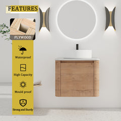 24'' Wall-Mounted Bathroom Vanity With Ceramic Art Sink & 1-Soft-Close Door, KD-Packing, Plywood