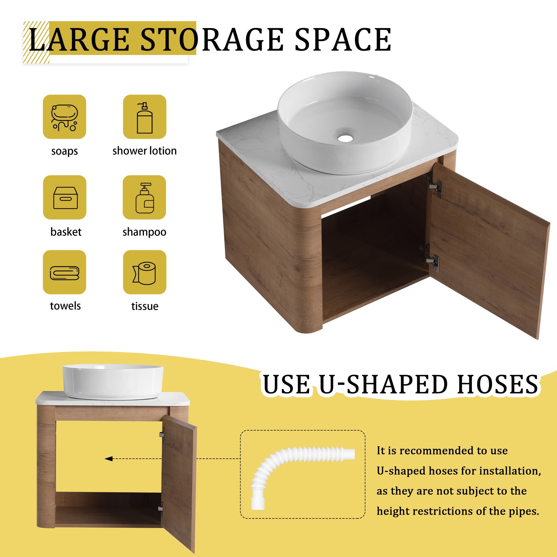 24'' Wall-Mounted Bathroom Vanity With Ceramic Art Sink & 1-Soft-Close Door, KD-Packing, Plywood