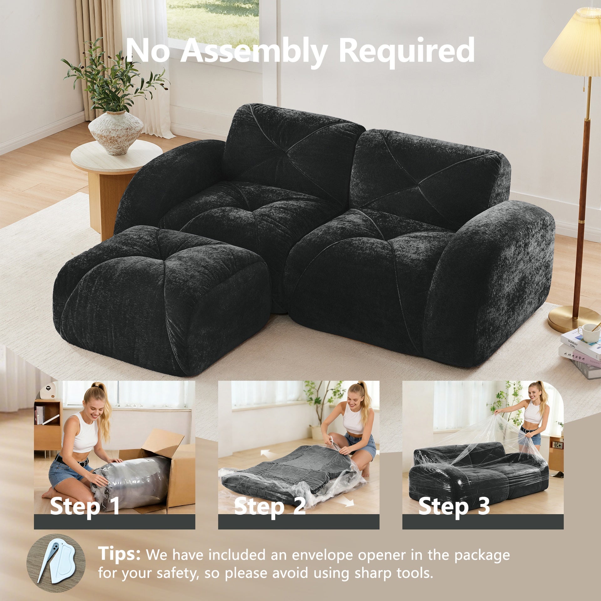 L-shaped Boneless Sofa,Soft Velvet Fabric,Tufted Design,32D High Density Sponge,No Assembly Required,Ergonomic Design Bottom, Anti-Slip Design,Movable Ottoman For Bedrooms,Black