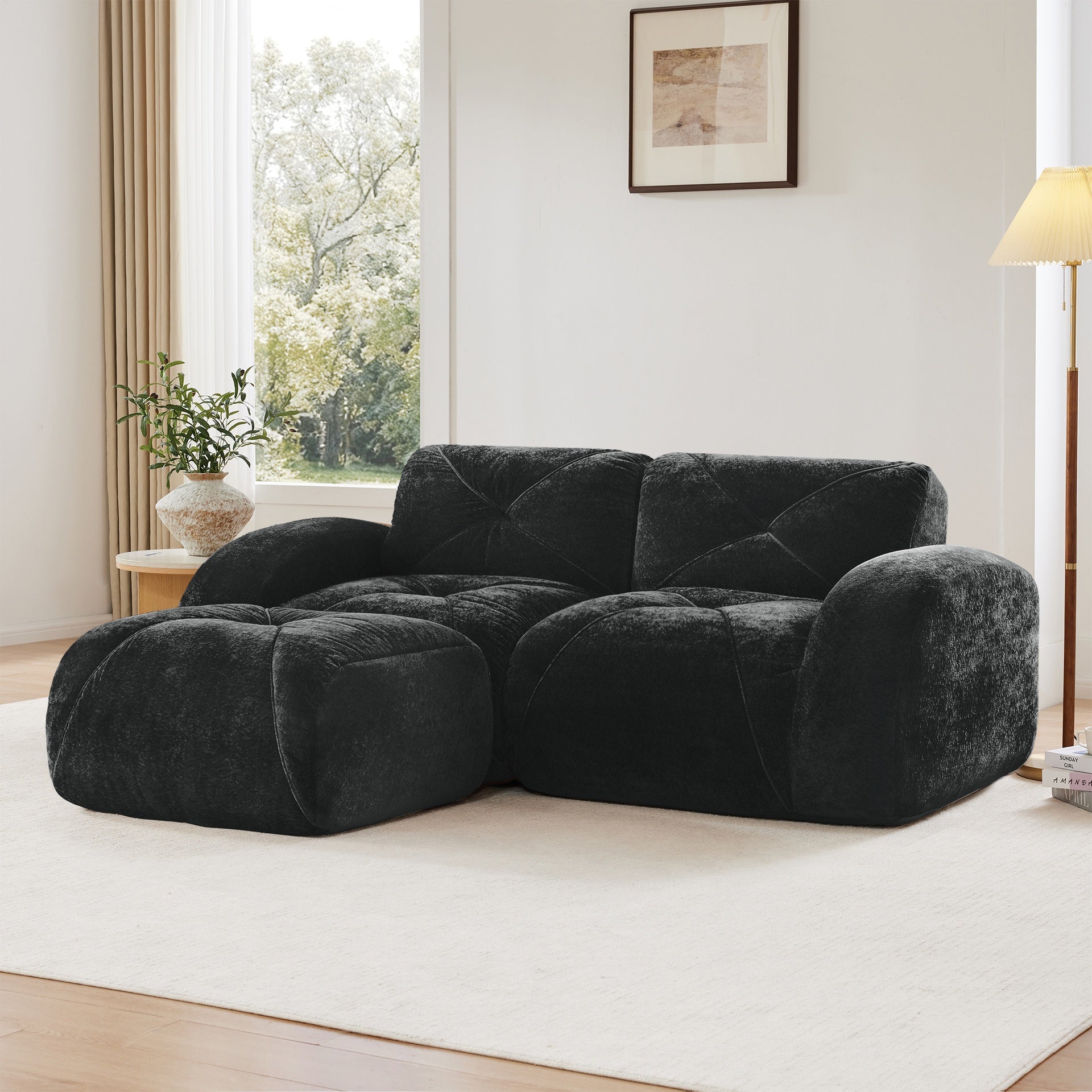 L-shaped Boneless Sofa,Soft Velvet Fabric,Tufted Design,32D High Density Sponge,No Assembly Required,Ergonomic Design Bottom, Anti-Slip Design,Movable Ottoman For Bedrooms,Black