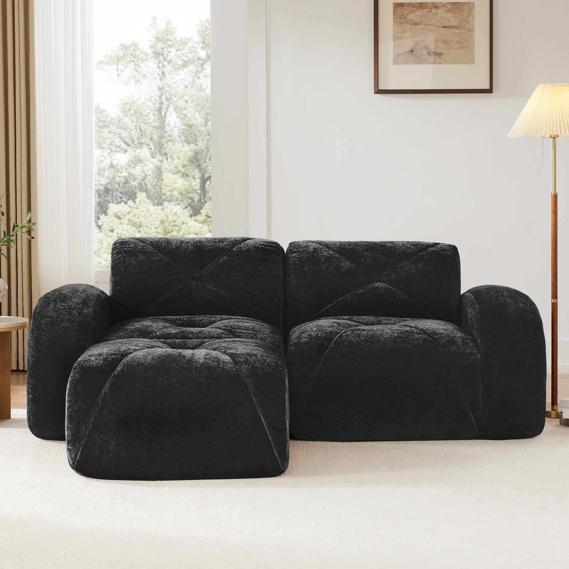 L-shaped Boneless Sofa,Soft Velvet Fabric,Tufted Design,32D High Density Sponge,No Assembly Required,Ergonomic Design Bottom, Anti-Slip Design,Movable Ottoman For Bedrooms,Black