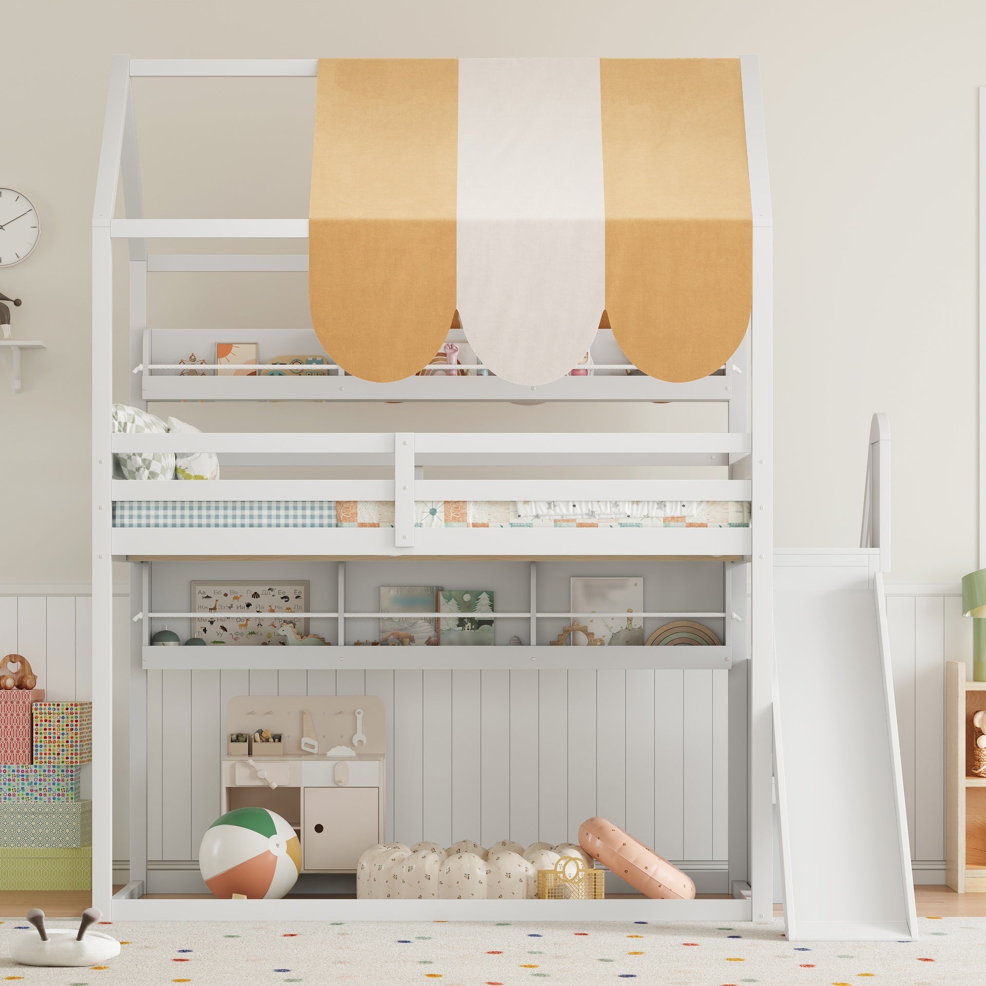 Full Size house Bed with Canopy, Slide & Built-In Bookshelves, white