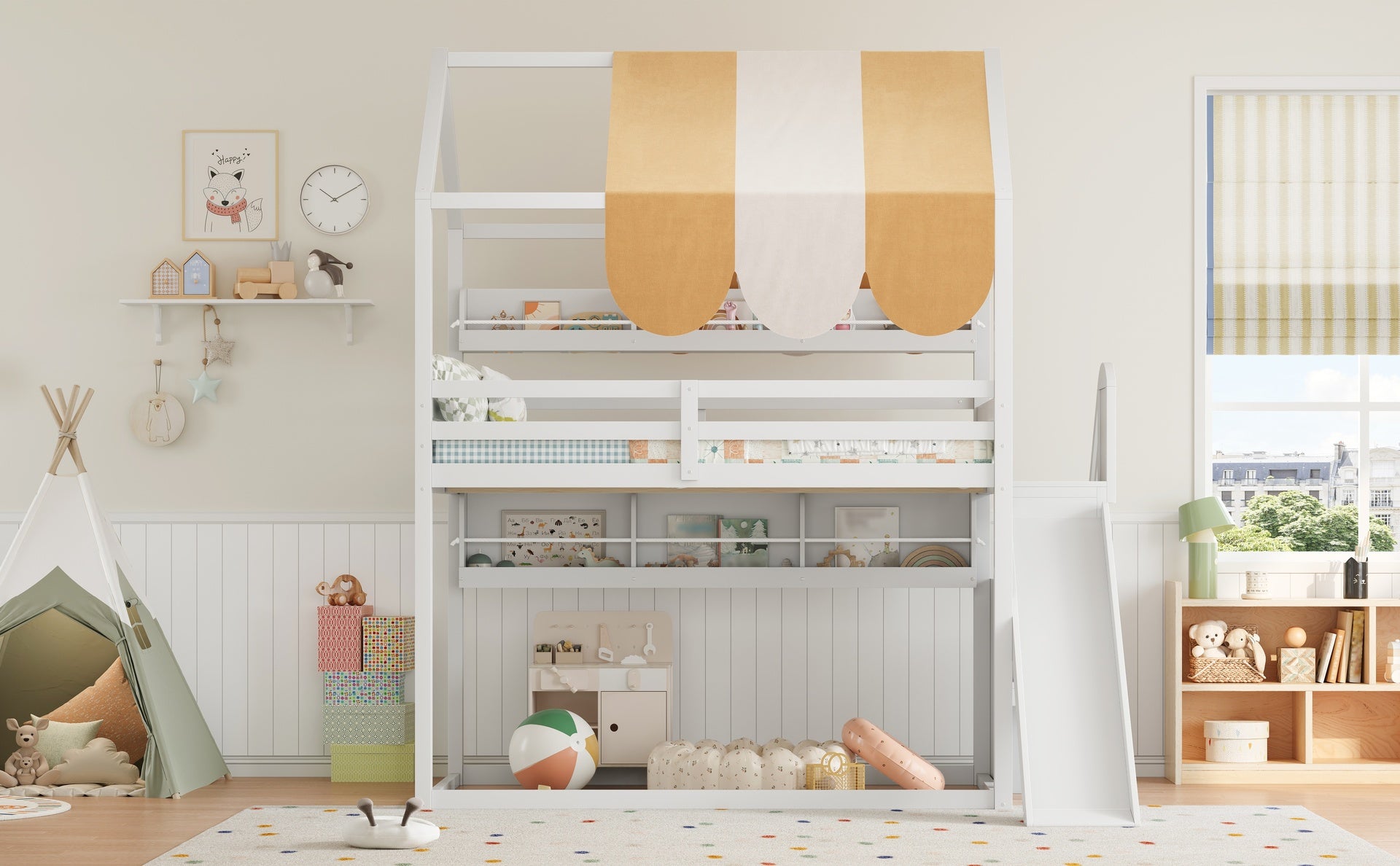 Full Size house Bed with Canopy, Slide & Built-In Bookshelves, white