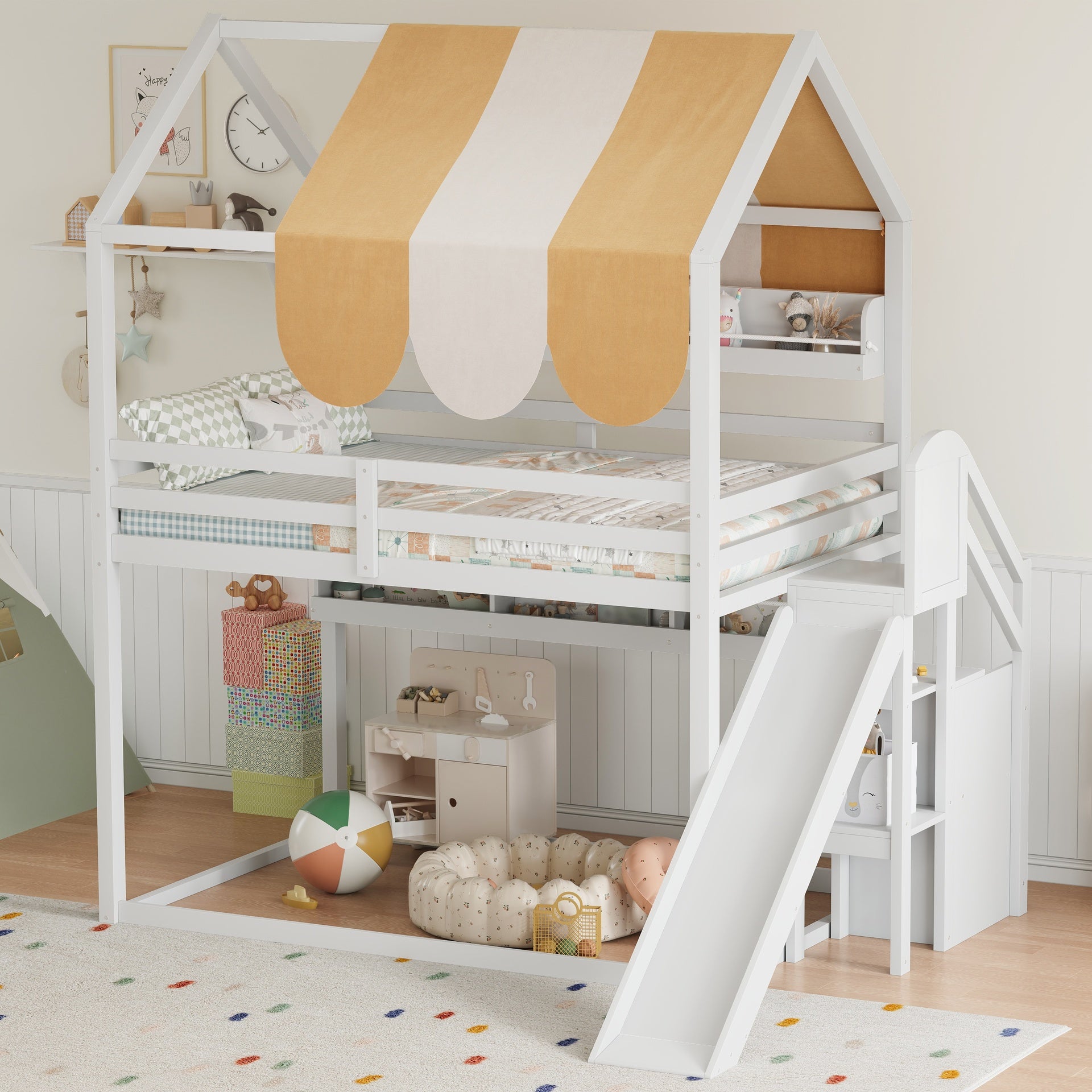 Full Size house Bed with Canopy, Slide & Built-In Bookshelves, white