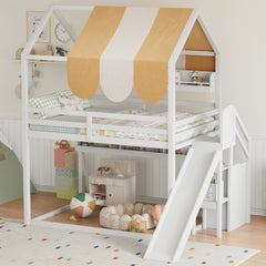 Full Size house Bed with Canopy, Slide & Built-In Bookshelves, white