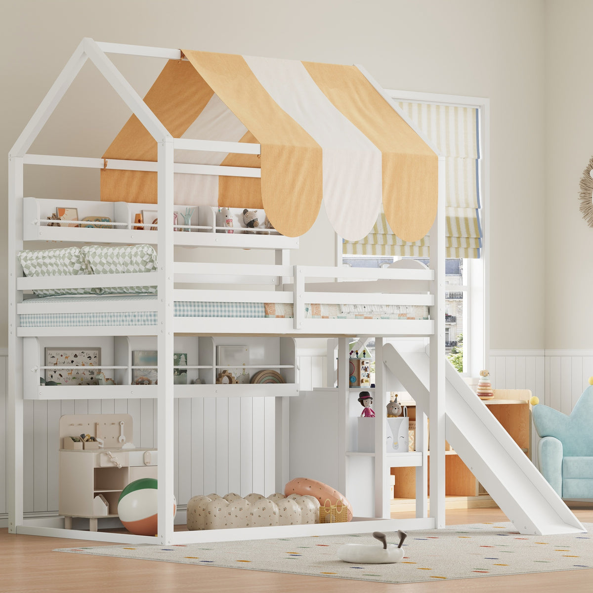 Full Size house Bed with Canopy, Slide & Built-In Bookshelves, white