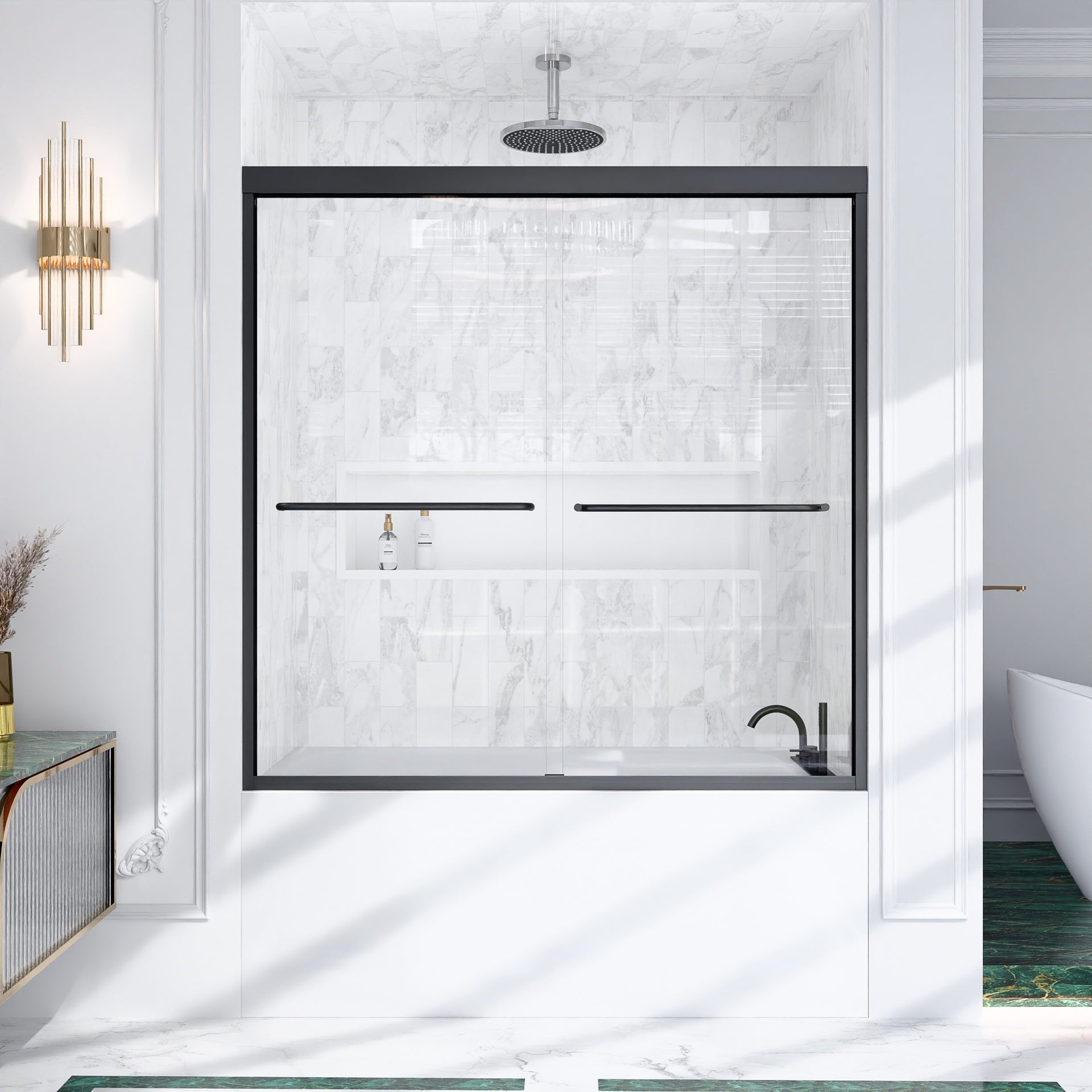 56"-60"W*60" H Semi-Frameless Double Sliding Shower Door, Bypass Shower Door, 1/4" (6mm) Thick SGCC Tempered Glass Door, Matte Black
