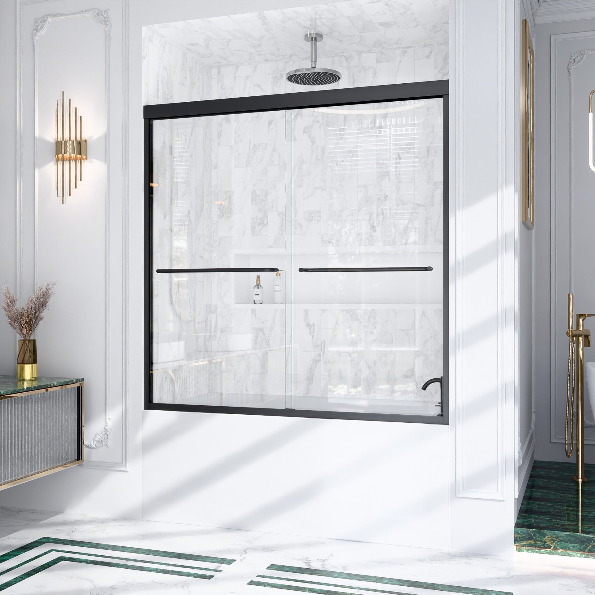56"-60"W*60" H Semi-Frameless Double Sliding Shower Door, Bypass Shower Door, 1/4" (6mm) Thick SGCC Tempered Glass Door, Matte Black