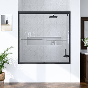 56"-60"W*60" H Semi-Frameless Double Sliding Shower Door, Bypass Shower Door, 1/4" (6mm) Thick SGCC Tempered Glass Door, Matte Black