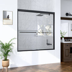 56"-60"W*60" H Semi-Frameless Double Sliding Shower Door, Bypass Shower Door, 1/4" (6mm) Thick SGCC Tempered Glass Door, Matte Black