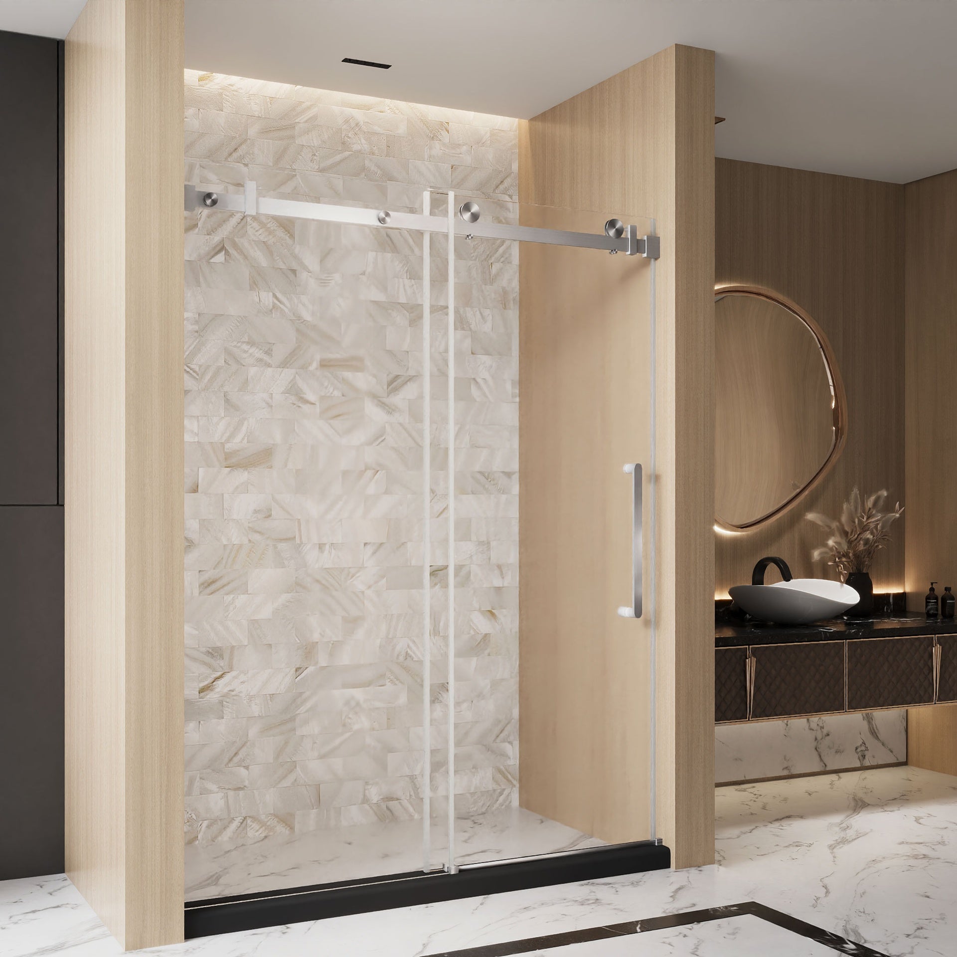 Frameless Single sliding shower door  56-60 "W x 76" H, 1/4 "(6 mm) Clear Tempered Glass, Explosion Proof Film, Stainless Steel Handle Square Tube Track  Brushed Nickel