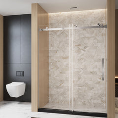 Frameless Single sliding shower door  56-60 "W x 76" H, 1/4 "(6 mm) Clear Tempered Glass, Explosion Proof Film, Stainless Steel Handle Square Tube Track  Brushed Nickel