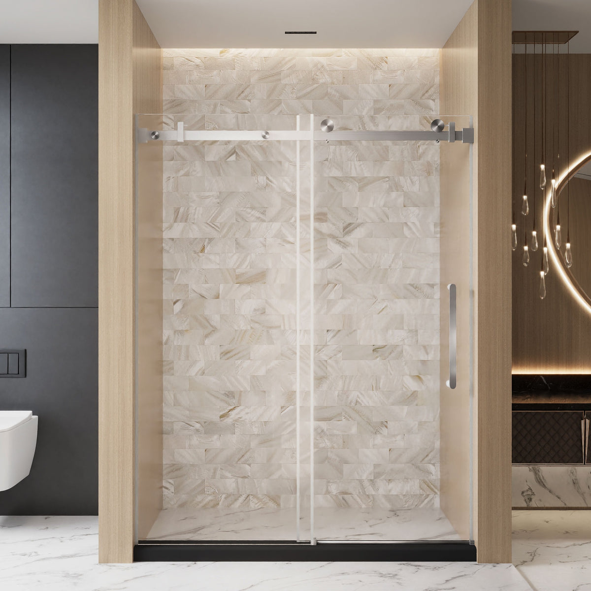 Frameless Single sliding shower door  56-60 "W x 76" H, 1/4 "(6 mm) Clear Tempered Glass, Explosion Proof Film, Stainless Steel Handle Square Tube Track  Brushed Nickel