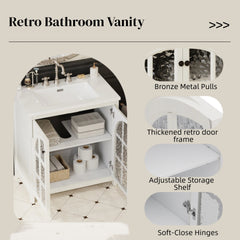 30 Inches Bathroom Vanity with Ceramic Sink, Faux Aged Finish, Vintage Rustic Bathroom Cabinet with Bronze Pulls and 2 Soft-Closing Doors, Antique White