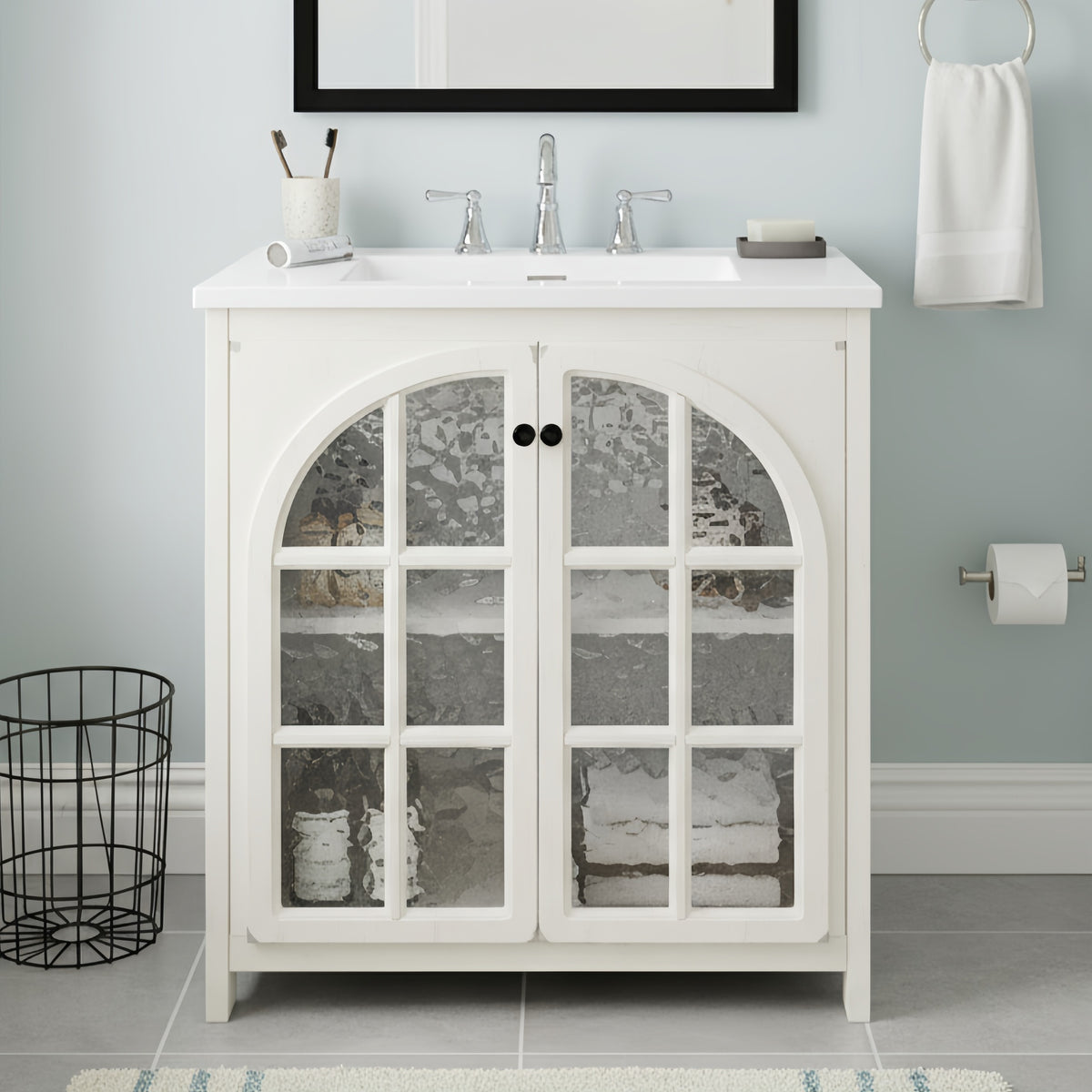 30 Inches Bathroom Vanity with Ceramic Sink, Faux Aged Finish, Vintage Rustic Bathroom Cabinet with Bronze Pulls and 2 Soft-Closing Doors, Antique White