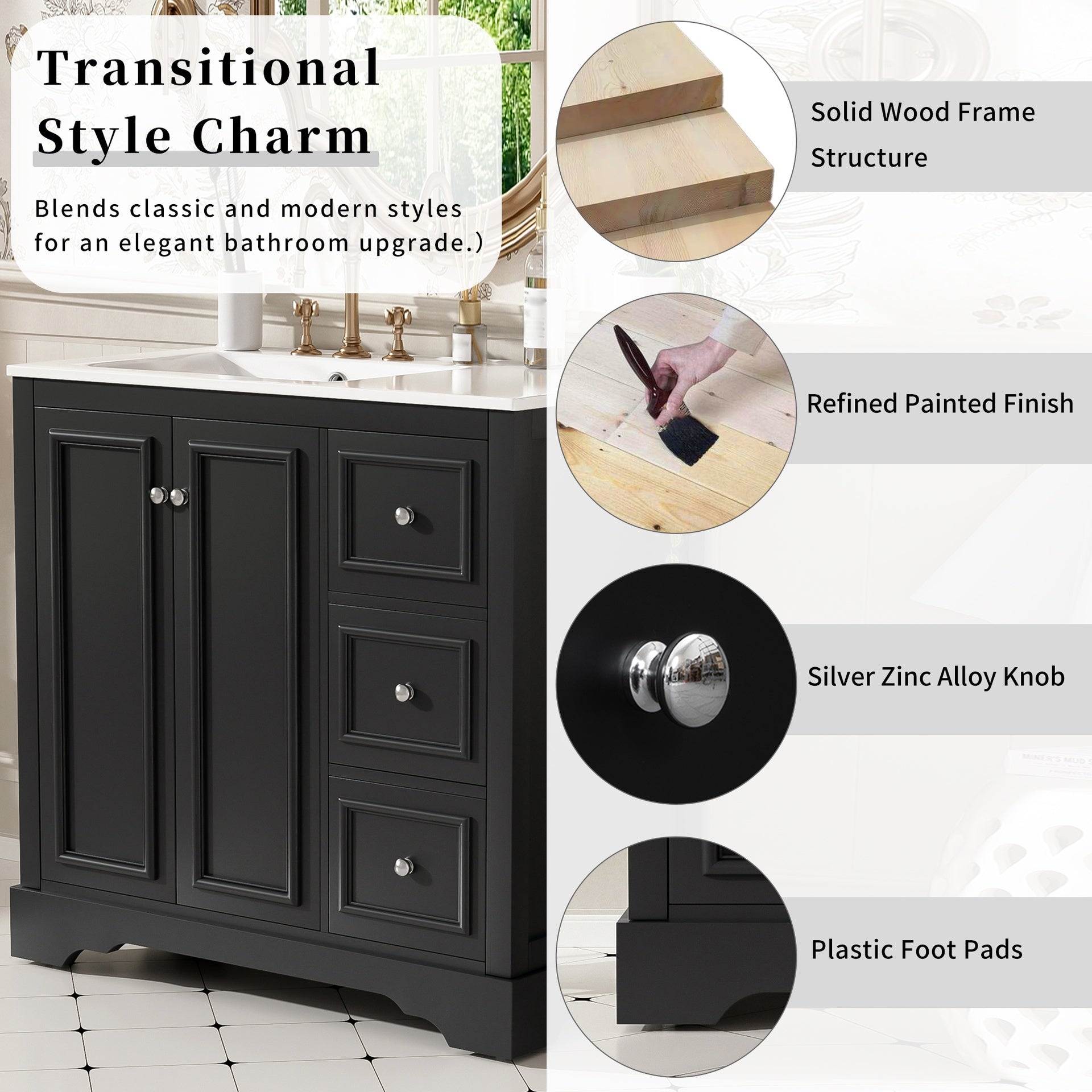 36'' transitional bathroom vanity with ceramic sink – features 2 soft-close doors, an adjustable U-shaped shelf, 3 drawers (including one with divider), painted finish, and ample storage space
