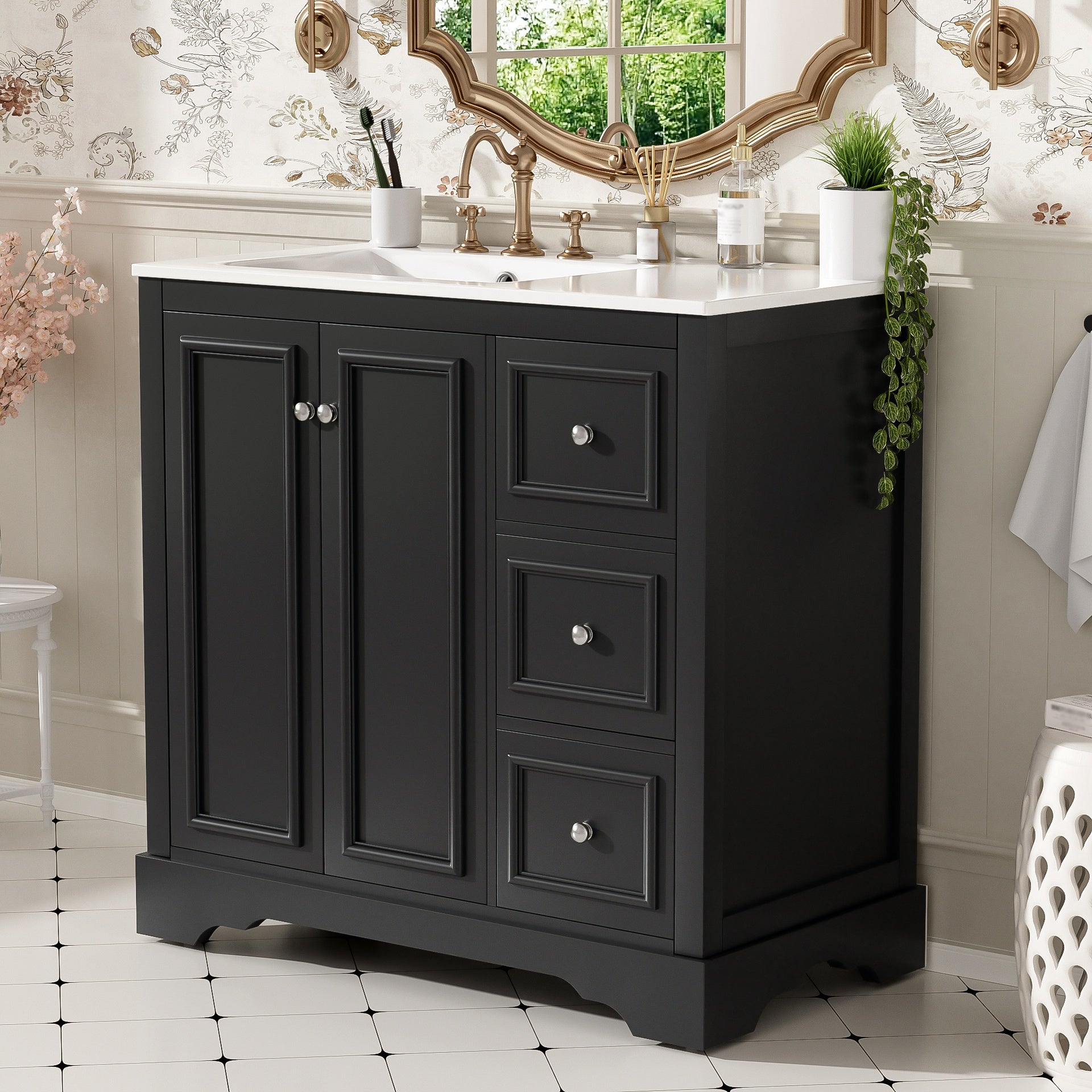 36'' transitional bathroom vanity with ceramic sink – features 2 soft-close doors, an adjustable U-shaped shelf, 3 drawers (including one with divider), painted finish, and ample storage space