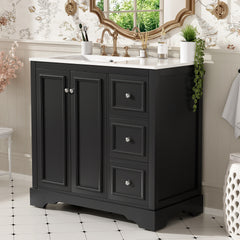 36'' transitional bathroom vanity with ceramic sink – features 2 soft-close doors, an adjustable U-shaped shelf, 3 drawers (including one with divider), painted finish, and ample storage space
