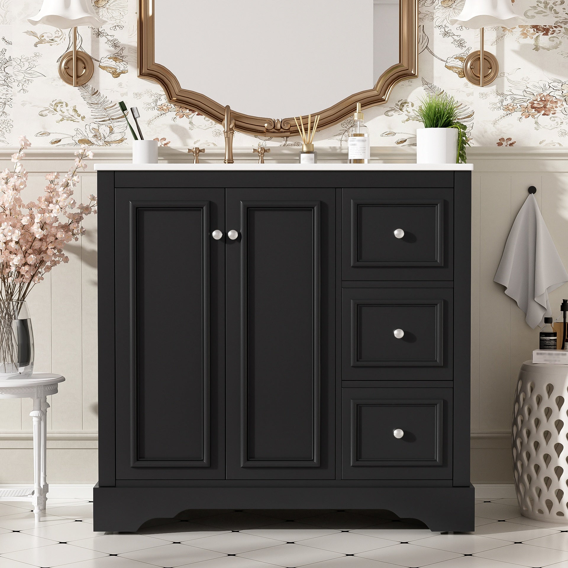 36'' transitional bathroom vanity with ceramic sink – features 2 soft-close doors, an adjustable U-shaped shelf, 3 drawers (including one with divider), painted finish, and ample storage space
