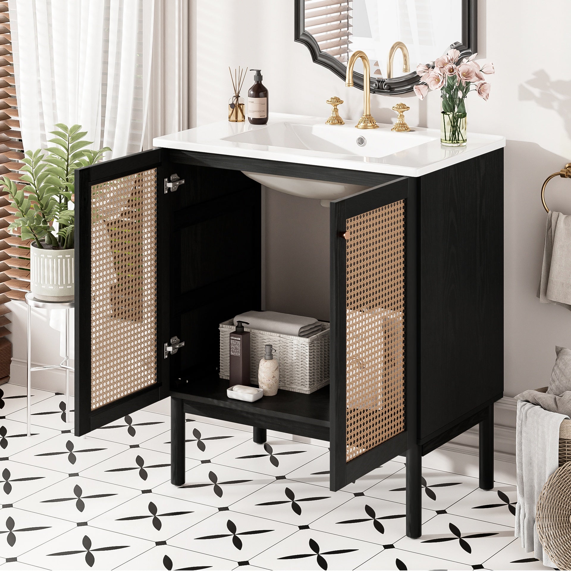 30-inch bathroom vanity crafted from natural materials, featuring handmade rattan doors and soft-closing mechanisms