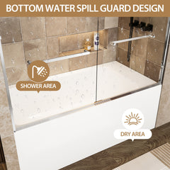 56"-60" W x 57" H Aluminum Frame Double Sliding Shower Door, Soft-Close Chrome Bathtub Door, 1/4" (6mm) Clear Tempered Glass With Explosion-proof Film, Dual Stainless Steel Handles