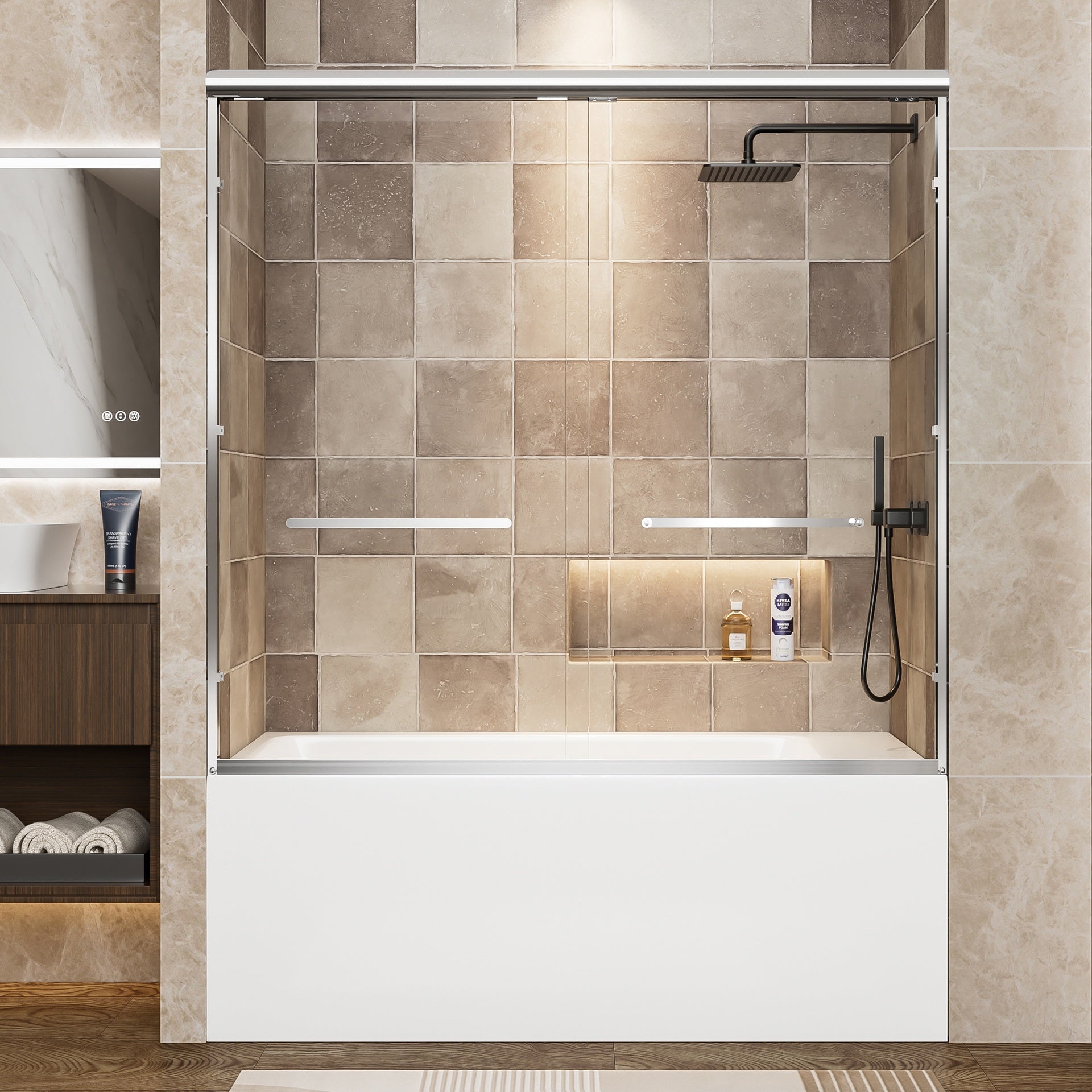 56"-60" W x 57" H Aluminum Frame Double Sliding Shower Door, Soft-Close Chrome Bathtub Door, 1/4" (6mm) Clear Tempered Glass With Explosion-proof Film, Dual Stainless Steel Handles