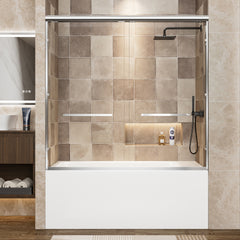56"-60" W x 57" H Aluminum Frame Double Sliding Shower Door, Soft-Close Chrome Bathtub Door, 1/4" (6mm) Clear Tempered Glass With Explosion-proof Film, Dual Stainless Steel Handles
