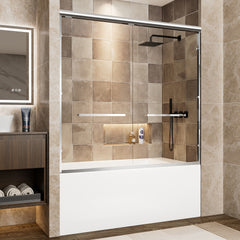 56"-60" W x 57" H Aluminum Frame Double Sliding Shower Door, Soft-Close Chrome Bathtub Door, 1/4" (6mm) Clear Tempered Glass With Explosion-proof Film, Dual Stainless Steel Handles