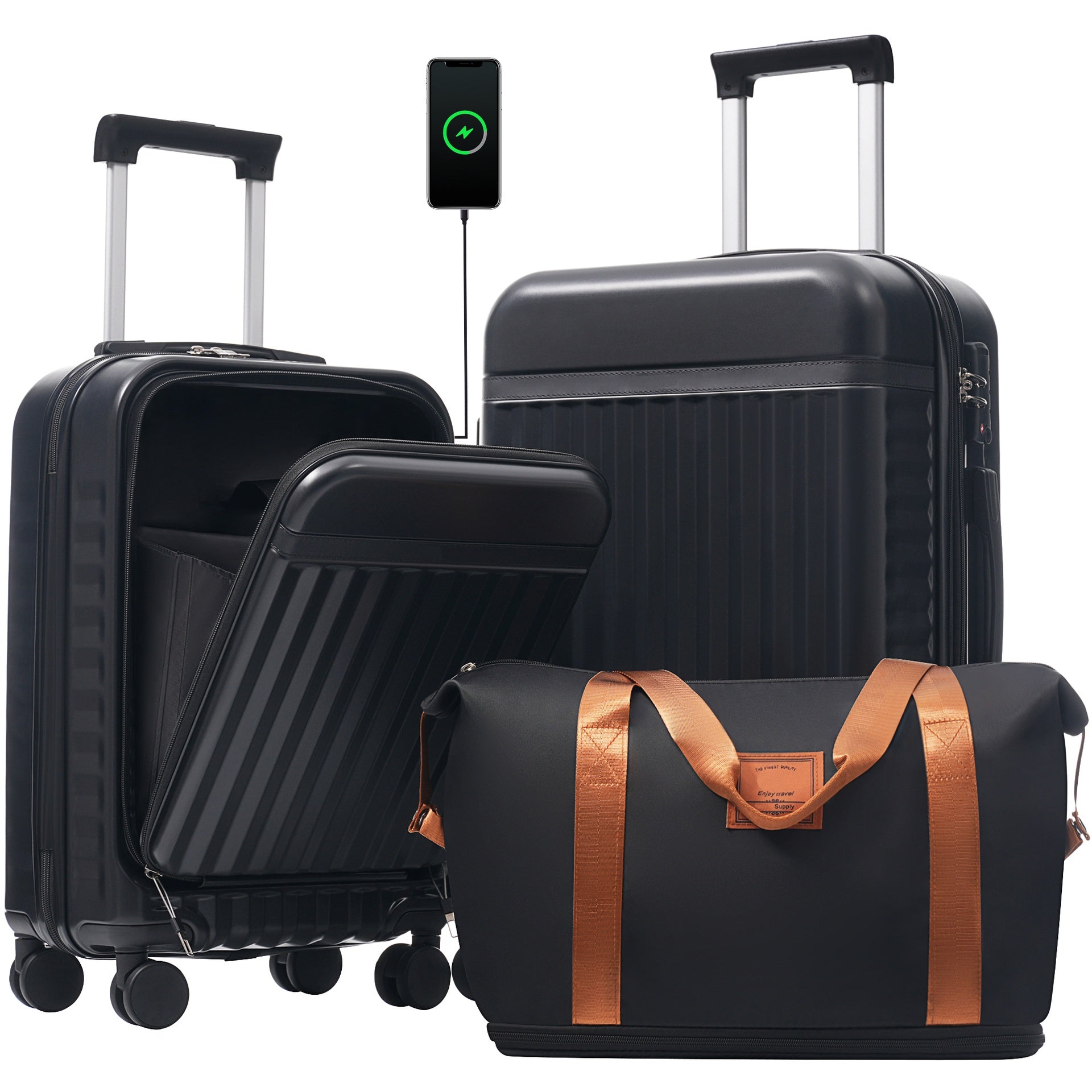 Front Opening Luggage Set 3 Piece, Hardside Carry on Suitcase with USB Port, Expandable Luggage with Handle Bag Spinner Wheels TSA Lock