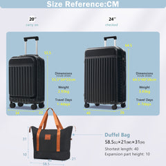 Front Opening Luggage Set 3 Piece, Hardside Carry on Suitcase with USB Port, Expandable Luggage with Handle Bag Spinner Wheels TSA Lock