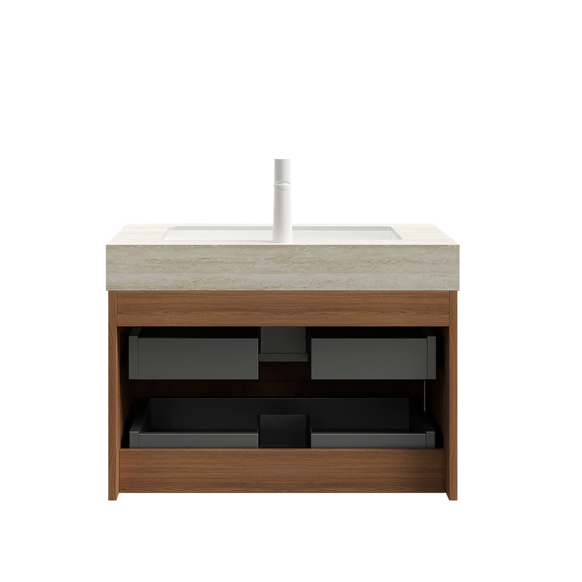 TILLEY 30" Bathroom Vanity&Sink, Floating Striped Plywood Storage Cabinet with 2 Drawers, Travertine-Pattern Sintered Stone Top with Ceramic Undermount Basin, Pre-assembled, Brown Oak Woodgrain Color