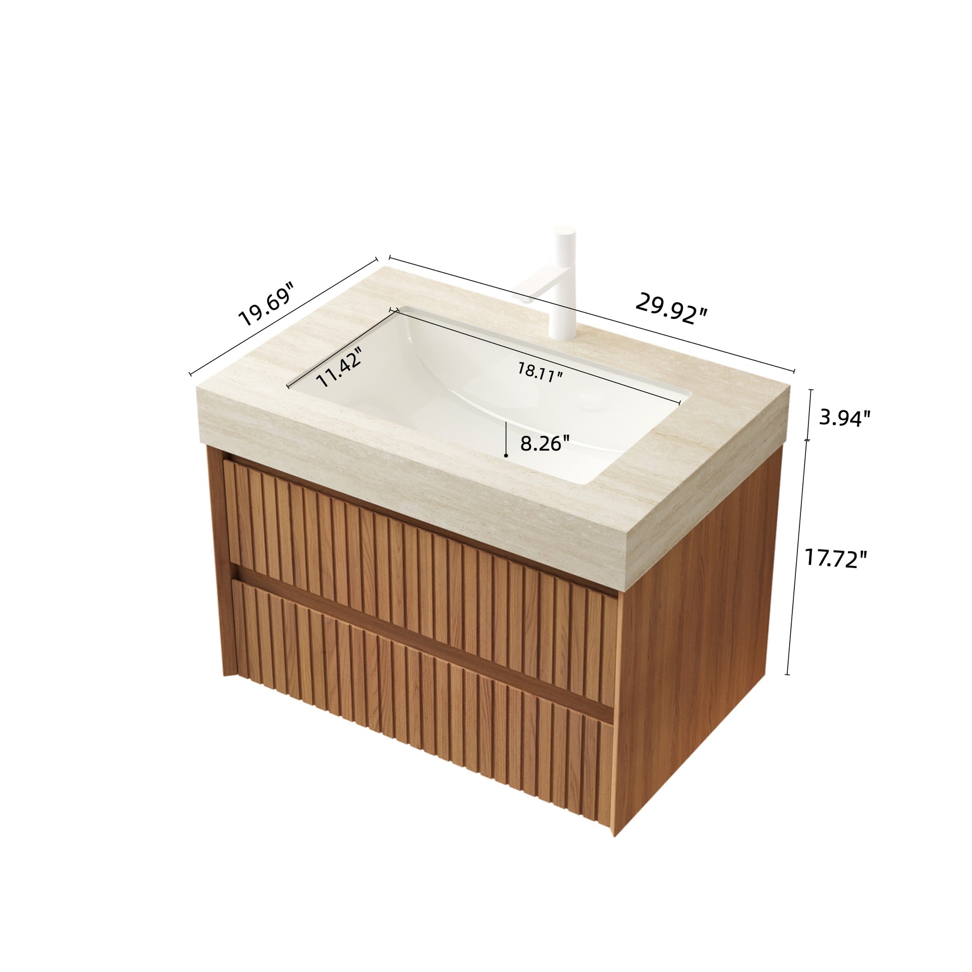 TILLEY 30" Bathroom Vanity&Sink, Floating Striped Plywood Storage Cabinet with 2 Drawers, Travertine-Pattern Sintered Stone Top with Ceramic Undermount Basin, Pre-assembled, Brown Oak Woodgrain Color