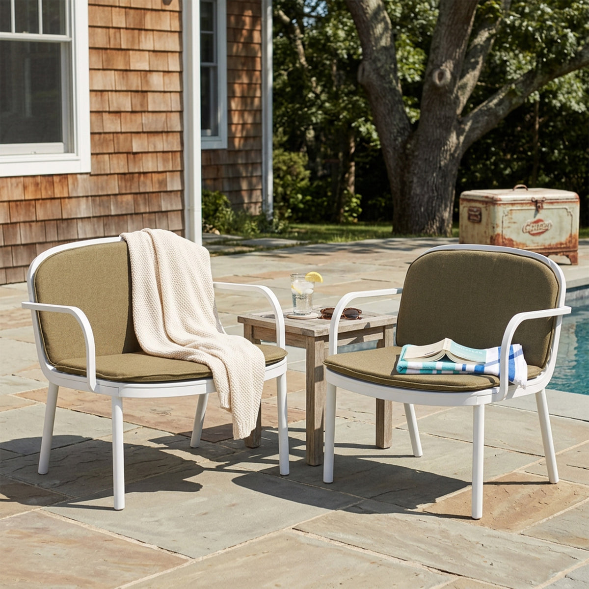 Luna Outdoor PP Club Chair, White Frame with Green Cushion, Set of 2