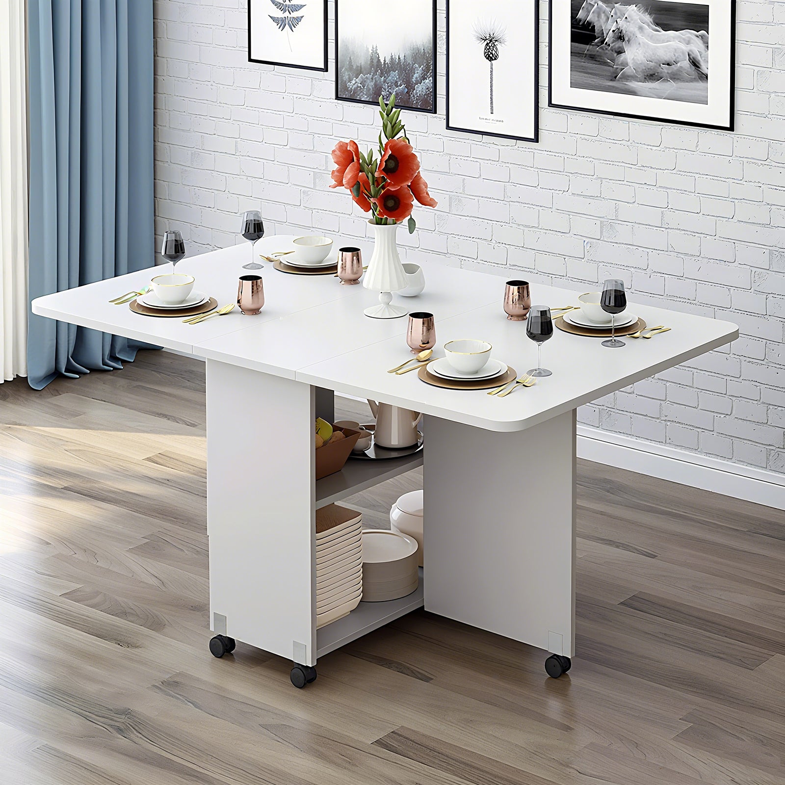 Folding Drop Leaf Dining Table with 6 Wheels and 2-Layer Storage Shelf, Space Saving Table for Small Spaces, 47.2 inch D x 23.6 inch W x 30.3 inch H, White